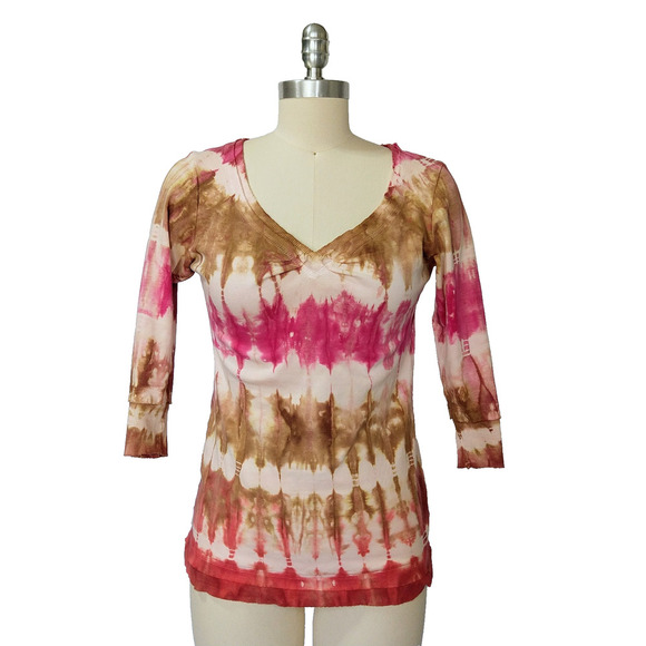 Vintage 90s Glima Tie Dye Top Size S Pink Brown V Neck ASO 1990s Raw Hem - Picture 1 of 8